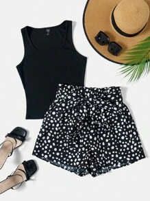 SHEIN LUNE Solid Tank Top & Dalmatian Print Belted Shorts