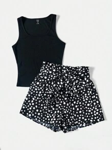 SHEIN LUNE Solid Tank Top & Dalmatian Print Belted Shorts