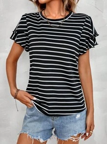 SHEIN LUNE 條紋印花蝴蝶袖T恤 - 黑色 - 查看 1