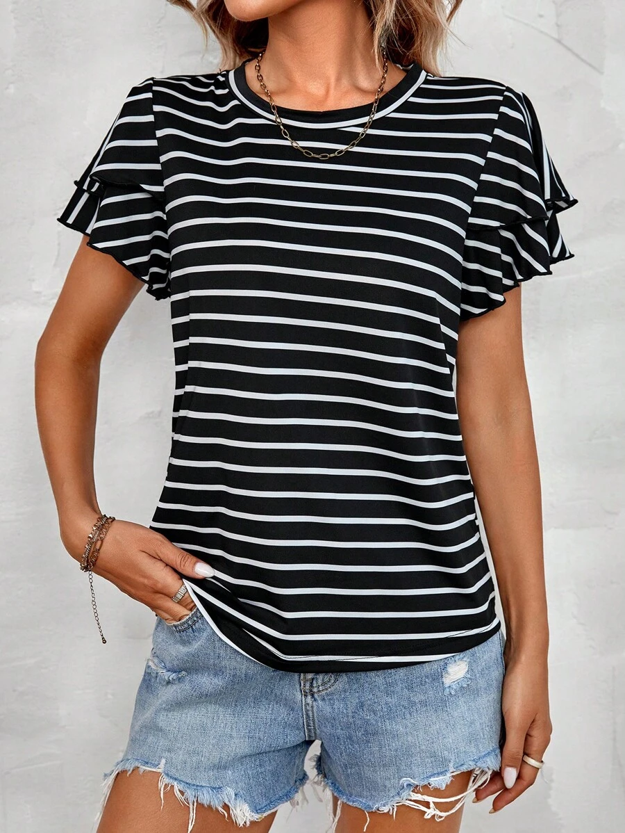 SHEIN LUNE 條紋印花蝴蝶袖T恤 - 黑色 - 查看 1