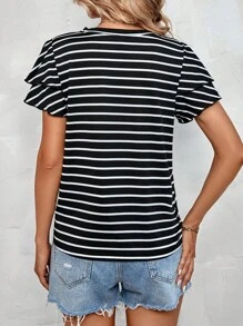 SHEIN LUNE 條紋印花蝴蝶袖T恤 - 黑色 - 查看 2