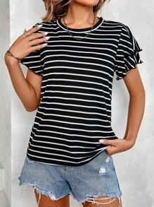 SHEIN LUNE 條紋印花蝴蝶袖T恤 - 黑色 - 查看 3