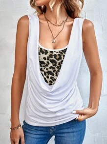 SHEIN LUNE Leopard Print Draped Tank Top - White - View 1