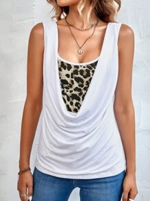 SHEIN LUNE Leopard Print Draped Tank Top - White - View 3