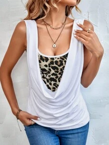 SHEIN LUNE Leopard Print Draped Tank Top - White - View 4