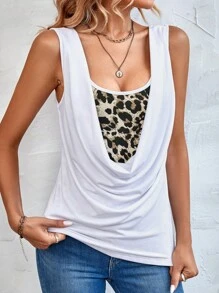 SHEIN LUNE Leopard Print Draped Tank Top - White - View 6