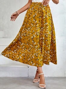 SHEIN LUNE Váy nữ Thắt nút Hoa Tất cả trên in Boho - Màu Mù tạt vàng - Xem 1