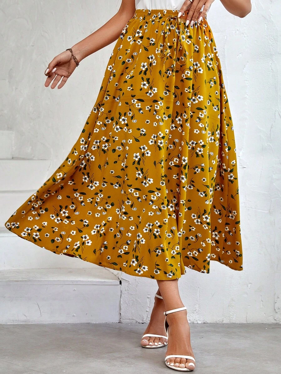 SHEIN LUNE Váy nữ Thắt nút Hoa Tất cả trên in Boho - Màu Mù tạt vàng - Xem 1