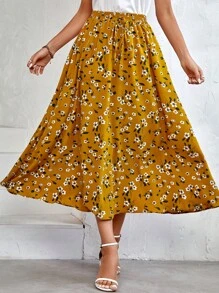 SHEIN LUNE Váy nữ Thắt nút Hoa Tất cả trên in Boho - Màu Mù tạt vàng - Xem 3