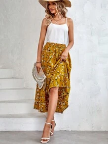 SHEIN LUNE Váy nữ Thắt nút Hoa Tất cả trên in Boho - Màu Mù tạt vàng - Xem 4