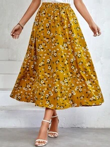 SHEIN LUNE Váy nữ Thắt nút Hoa Tất cả trên in Boho - Màu Mù tạt vàng - Xem 5