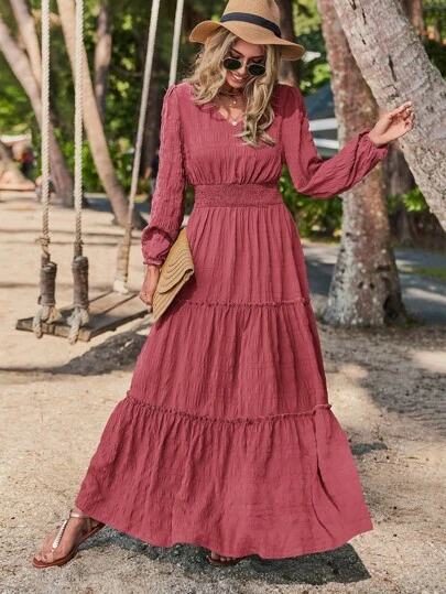 SHEIN LUNE Solid Ruffle Hem A-line Dress