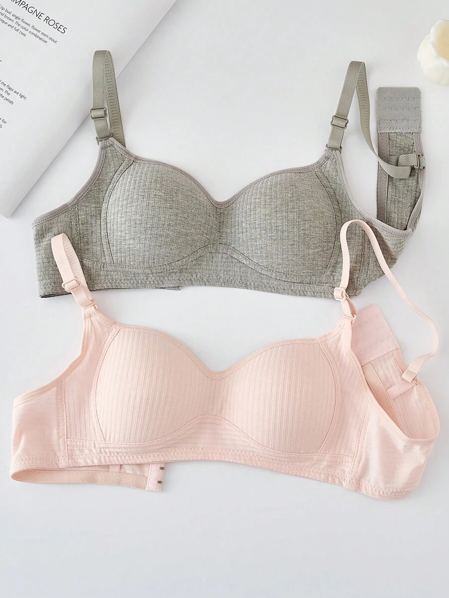 Chica adolescente 2 piezas Sujetador unicolor tejido de canalé - Multicolor - Ver 1