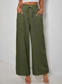 SHEIN PETITE Drawstring Waist Wide Leg Pants - Army Green - View 1