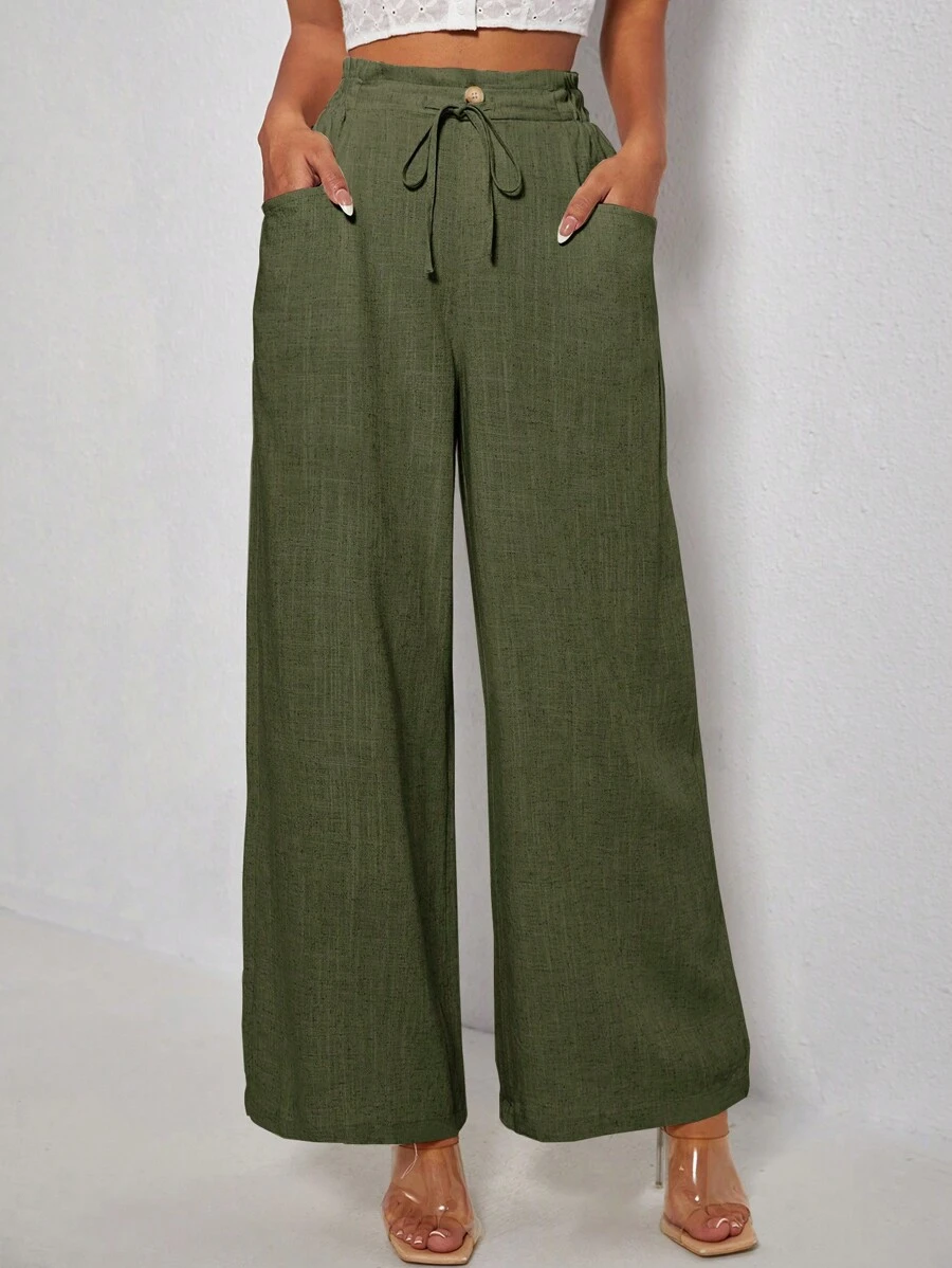 SHEIN PETITE Drawstring Waist Wide Leg Pants - Army Green - View 1