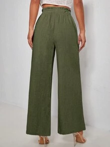 SHEIN PETITE Drawstring Waist Wide Leg Pants - Army Green - View 2