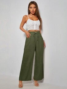 SHEIN PETITE Drawstring Waist Wide Leg Pants - Army Green - View 4