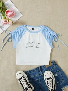 SHEIN Qutie Slogan Graphic Drawstring Detail Crop Tee - Blue and White - View 1