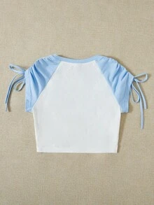 SHEIN Qutie Slogan Graphic Drawstring Detail Crop Tee - Blue and White - View 2