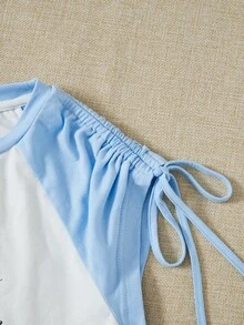 SHEIN Qutie Slogan Graphic Drawstring Detail Crop Tee - Blue and White - View 4