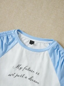 SHEIN Qutie Slogan Graphic Drawstring Detail Crop Tee - Blue and White - View 5