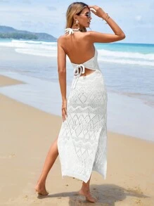 Vestido de cubrir con cuello halter, abertura lateral y diseño calado, para verano y vacaciones en la playa