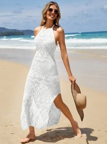 Vestido de cubrir con cuello halter, abertura lateral y diseño calado, para verano y vacaciones en la playa