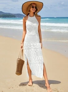 Vestido de cubrir con cuello halter, abertura lateral y diseño calado, para verano y vacaciones en la playa