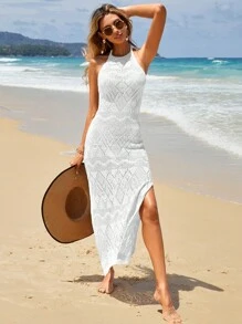 Vestido de cubrir con cuello halter, abertura lateral y diseño calado, para verano y vacaciones en la playa