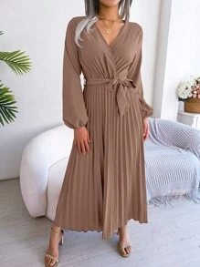 Surplice Neck Lantern Sleeve Pleated Hem Belted Dress - Khaki - View 1