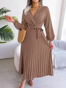 Surplice Neck Lantern Sleeve Pleated Hem Belted Dress - Khaki - View 4
