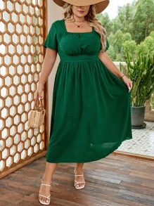 SHEIN VCAY Đầm Plus Size Nếp gấp Phần Ngực màu trơn Giải trí - màu xanh lá - Xem 4