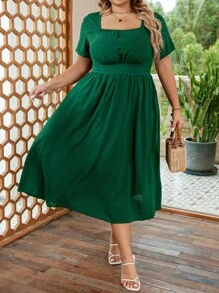 SHEIN VCAY Đầm Plus Size Nếp gấp Phần Ngực màu trơn Giải trí - màu xanh lá - Xem 1