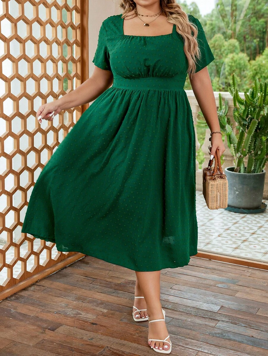 SHEIN VCAY Đầm Plus Size Nếp gấp Phần Ngực màu trơn Giải trí - màu xanh lá - Xem 1
