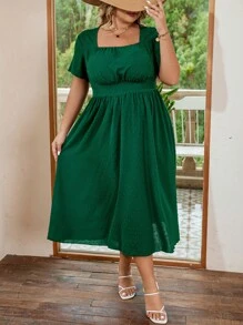 SHEIN VCAY Đầm Plus Size Nếp gấp Phần Ngực màu trơn Giải trí - màu xanh lá - Xem 5