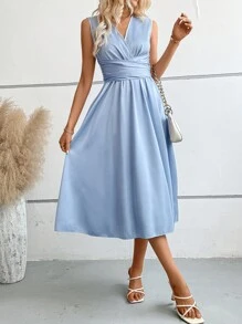 Chiquease 素色後綁帶A字連衣裙 - 淺藍色 - 查看 1