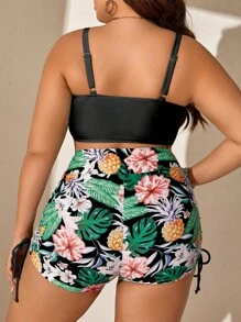 SHEIN Swim Curve Summer Beach Plus Size Tropical Print Drawstring Bikini Set