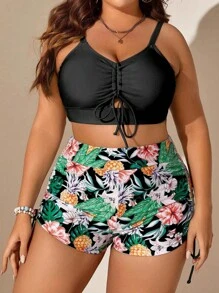 SHEIN Swim Curve Summer Beach Plus Size Tropical Print Drawstring Bikini Set