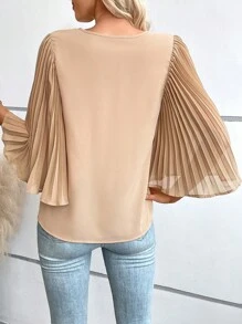Breezaya Solid Pleated Sleeve V Neck Blouse - Khaki - View 2