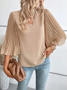 Breezaya Solid Pleated Sleeve V Neck Blouse - Khaki - View 3