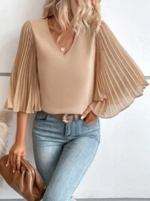 Breezaya Solid Pleated Sleeve V Neck Blouse - Khaki - View 4