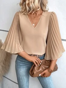 Breezaya Solid Pleated Sleeve V Neck Blouse - Khaki - View 5