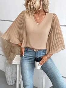 Breezaya Solid Pleated Sleeve V Neck Blouse - Khaki - View 6