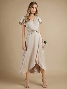 SHEIN Belle Váy phù dâu Bất đối xứng Trọn gói Dây kéo màu trơn - Màu be - Xem 5