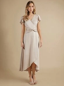 SHEIN Belle Váy phù dâu Bất đối xứng Trọn gói Dây kéo màu trơn - Màu be - Xem 1