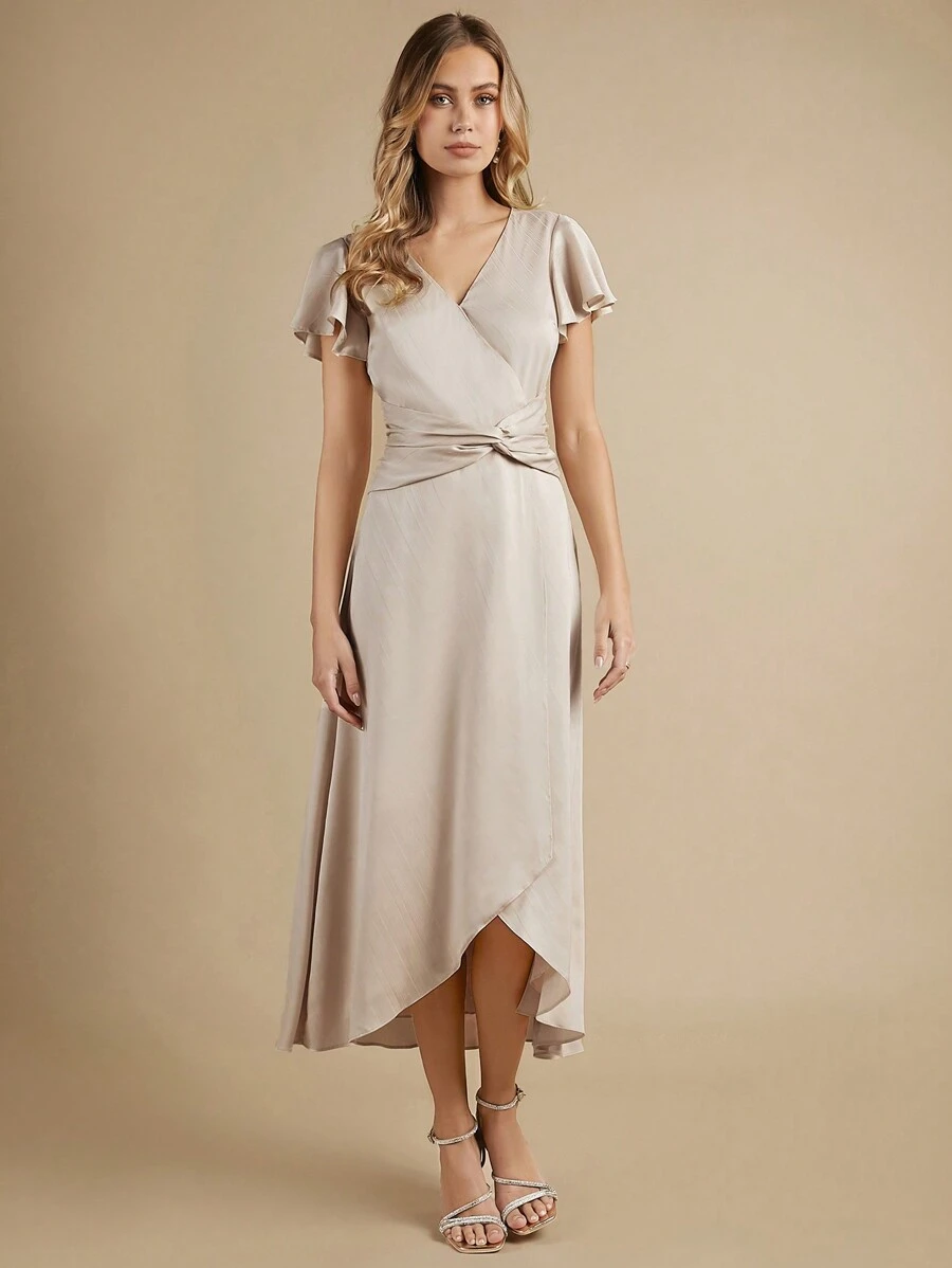 SHEIN Belle Váy phù dâu Bất đối xứng Trọn gói Dây kéo màu trơn - Màu be - Xem 1