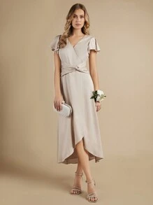 SHEIN Belle Váy phù dâu Bất đối xứng Trọn gói Dây kéo màu trơn - Màu be - Xem 6