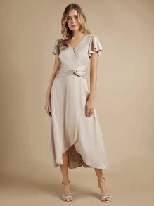 SHEIN Belle Váy phù dâu Bất đối xứng Trọn gói Dây kéo màu trơn - Màu be - Xem 3