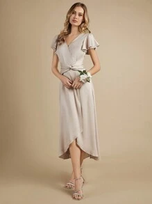 SHEIN Belle Váy phù dâu Bất đối xứng Trọn gói Dây kéo màu trơn - Màu be - Xem 4