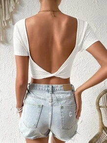 SHEIN VCAY Twist Backless Crop Tee - White - View 3